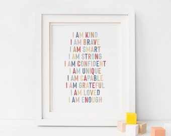 Affirmations Poster For Kids, Rainbow Positive Affirmation Wall Art, I Am Loved I Am Enough, Neutral Inspirational Nursery Decor, Playroom