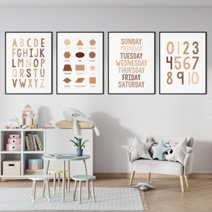 Neutral Alphabet Posters, Earthy Wall Art, Educational Prints, Numbers Shapes Days Of The Weeks Prints, Rainbow ABC 123 Nursery Decor