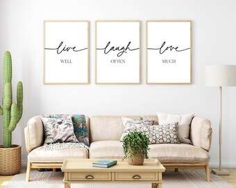 Live Well Laugh Often Love Much Inspirational Quotes, Living Room Decor, Live Laugh Love Wall Art, Set Of 3 Prints, Motivational Signs