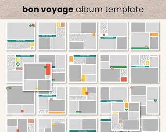 May include: A printable scrapbook template with 20 photo layouts for a travel album. The template features a variety of layouts with different sized photo spaces, text boxes, and decorative elements. The template is designed in a modern style with a color palette of teal, green, yellow, orange, and pink.