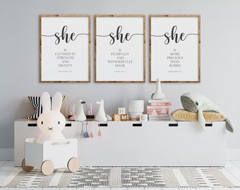 Nursery Bible Verse Sign, Set of Nursery Wall Arts, Proverbs 31:25  Scripture Art, Girl Room Decor, She Is Clothed In Strength
