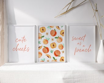 Sweet As A Peach Nursery Decor, Peach Nursery Print Set Of 3, Cute Cheeks Posters For Kids, Baby Girl Room Decor, Above Crib Peach Signs