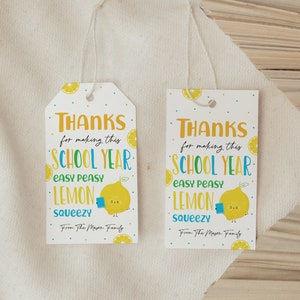 End Of School Year Teacher Lemon Gift Tag, Easy Peasy Lemon Squeezy Editable Thank You Tag, Teacher Appreciation, Classroom Gift Lemonade