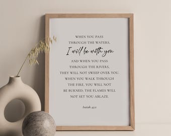Isaiah 43:2 Bible Verse Wall Art, When You Pass Through The Waters I Will Be With You Scripture Poster, Christian Decor, Living Room Art