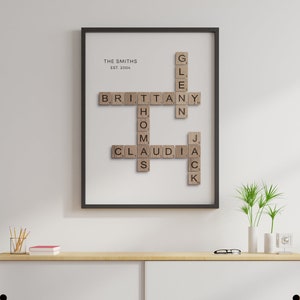 May include: A framed print of a scrabble tile word art design. The tiles spell out the names "Brittany", "Glenn", "Jack", "Claudia", and "Home". The text "The Smiths Est. 2004" is at the top of the print.