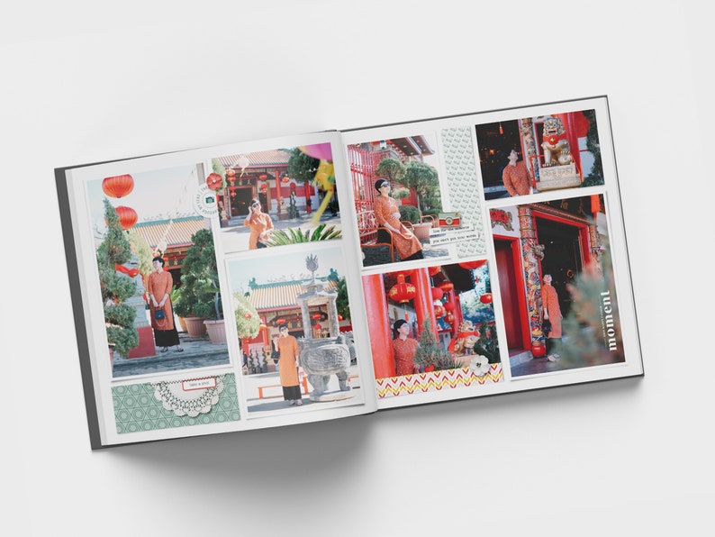 May include: A photo album with a red and gold theme. The album is open to a page with several photos of a person wearing a red and gold outfit in front of a red and gold temple. The album has a decorative border with a pattern of red and gold lanterns. The text "moment" is printed on the right page.