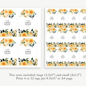 May include: Printable gift tags featuring a watercolor floral design with yellow flowers and green leaves. The tags say "Emma Doan" and are available in two sizes: 3.5 x 5 inches and 2 x 3.5 inches. Print 4 or 12 tags per 8.5 x 11 inch page.