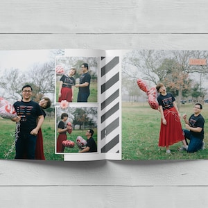May include: A photo album with a striped cover and photos of a couple holding heart-shaped balloons. The album has the words "LOVE U" printed on the cover.