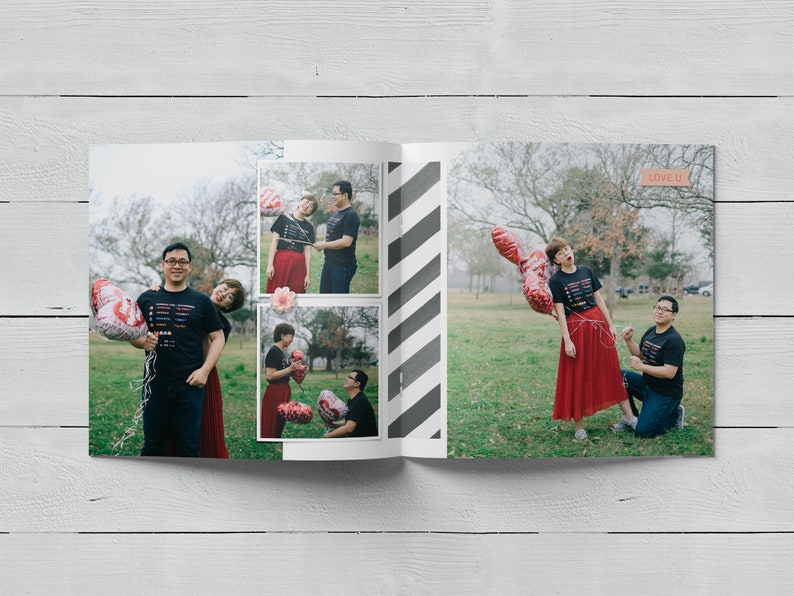 May include: A photo album with a striped cover and photos of a couple holding heart-shaped balloons. The album has the words "LOVE U" printed on the cover.