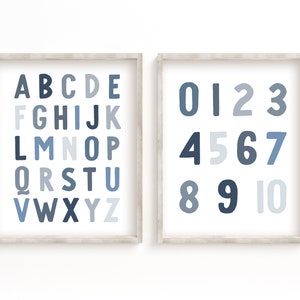 Navy Blue Alphabet Poster, Ocean Beachy Numbers Print, Nautical Dark Blue Boy Nursery Wall Art, Kid Room Decor, Pastel ABC Printable