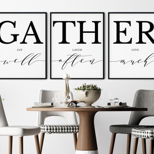 Eat Well Laugh Often Love Much Kitchen Wall Decor, Gather Sign For Dining Room, Sef Of 3 Wall Arts, Family Room Decor, Modern Kitchen Signs
