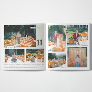 May include: A photo album page with multiple photos of people posing in front of a pumpkin patch. The photos are arranged in a grid pattern and include a caption that reads "Bạn ch&ocirc;ng b&ecirc;n t&ocirc;n n&ecirc;n răng l&agrave; ng&agrave;y cuối c&ugrave;ng c&aacute;c nh&agrave; thờ trang h&agrave;".