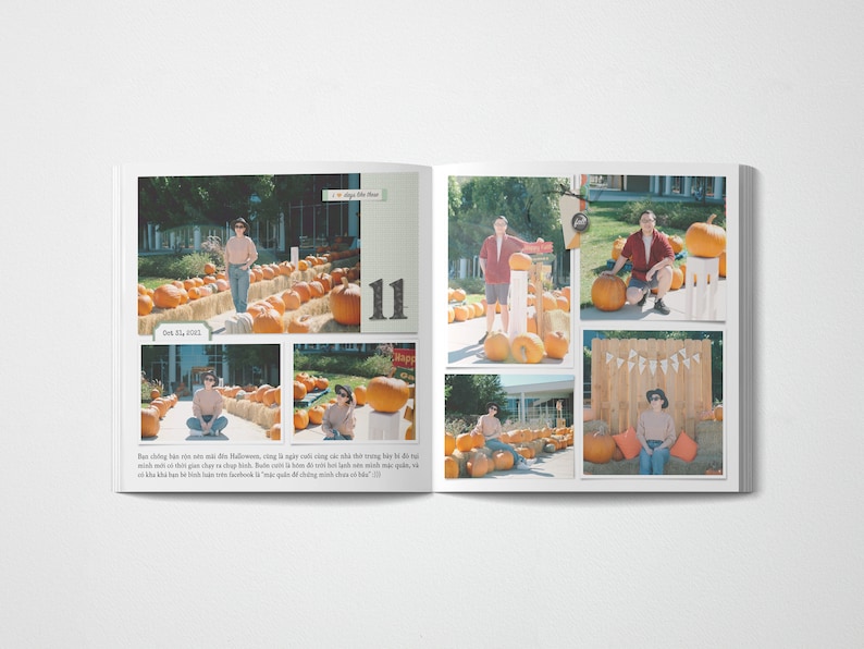 May include: A photo album page with multiple photos of people posing in front of a pumpkin patch. The photos are arranged in a grid pattern and include a caption that reads "Bạn ch&ocirc;ng b&ecirc;n t&ocirc;n n&ecirc;n răng l&agrave; ng&agrave;y cuối c&ugrave;ng c&aacute;c nh&agrave; thờ trang h&agrave;".