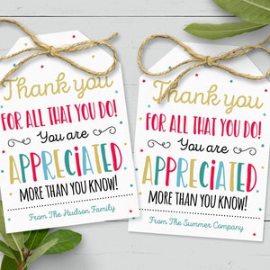 Thank You Gift Tag, Editable Teacher Appreciation Gift, Nurse Staff Volunteer Coworker Thank You Label, Appreciated More Than You Know