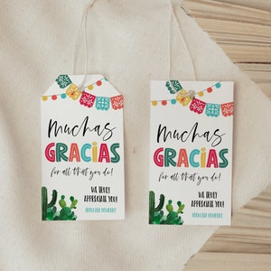 Muchas Gracias voor alles wat je doet, bewerkbare Fiesta leraar personeel waardering cadeau tag, Taco Nacho gemiddelde bedrijf Cactus dank u tag