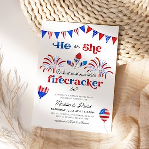 4th Of July Gender Reveal Invitation, Little Firecracker He Or She Reveal Party Invite, Stars Stripes Red White Blue Baby Shower JL4 AIN