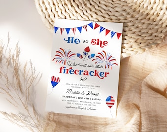 4th Of July Gender Reveal Invitation, Little Firecracker He Or She Reveal Party Invite, Stars Stripes Red White Blue Baby Shower JL4 AIN