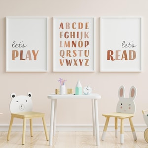 Let&#39;s Play Let&#39;s Read Print, Boho Alphabet Posters, Earth Tone Nursery Wall Art, Homeschool ABC Print Set, Educational Playroom Decor