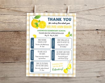 Lemon Teacher Appreciation Week Itinerary, Easy Peasy Lemon Squeezy End Of School Year Appreciation Event Schedule Flyer Template LM2