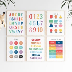 Pósteres educativos de arcoíris, alfabeto, números y formas, juego de 6 pósteres Montessori, decoración colorida para el aula, sala de juegos, arte de pared para la educación en el hogar, 7 pies cuadrados