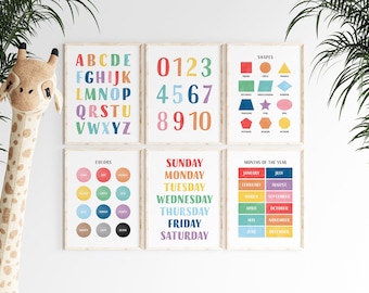 Alphabet Numbers Shapes Posters, Rainbow Educational Prints, Set Of 6 Montessori Posters, Colorful Classroom Decor Homeschool Wall Art 7SF