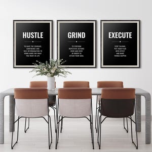 Decoración de pared para oficina "Hustle Grind Execute", arte moderno motivacional, juego de 3 láminas grandes, arte mural de emprendedor, láminas en blanco y negro