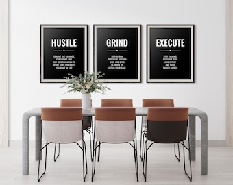 Hustle Grind Execute Office Wall Decor, Motivational Modern Art, Large Wall Art Print Set Of 3, Entrepreneur Wall Art, Black White Prints