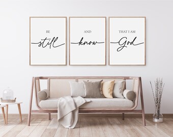 Be Still And Know That I Am God Digital Prints, Psalm 46:10 Bible Verse Wall Art, Set Of 3 Scripture Posters, Christian Above Bed Decor