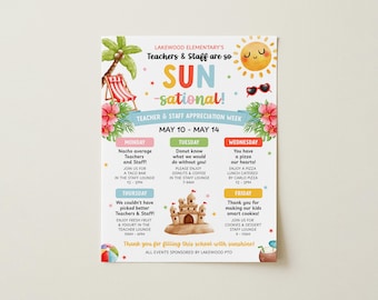 Beach Theme Teacher Staff Appreciation Week Itinerary Template, Sun-sational Summer Sunshine School PTO Event, Daily Schedule Flyer SU4