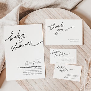 Lot d'invitations minimalistes pour baby shower, suite d'invitations baby shower moderne modifiable, carte de remerciement simple, livres pour bébé modèle MG4