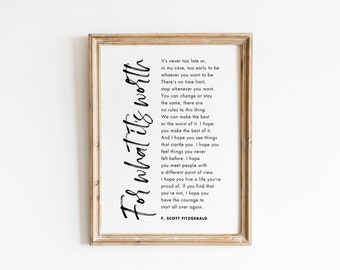 For What Its Worth F Scott Fitzgerald Quote Wall Art, Inspirational Quote, Literature Prints, Book Quotes, Minimalist Dorm Decor Printable