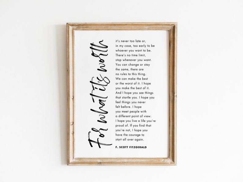 For What It's Worth Quote Wall Art For What Its Worth F Scott Fitzgerald Quote Wall Art | Etsy