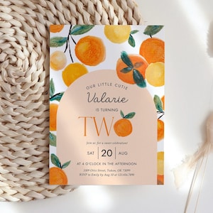 Citrus Orange Birthday Invitation, Little Cutie Simple Modern Clementine Birthday Invite, Sweet Celebration, Summer Fruit, Two Sweet OR1