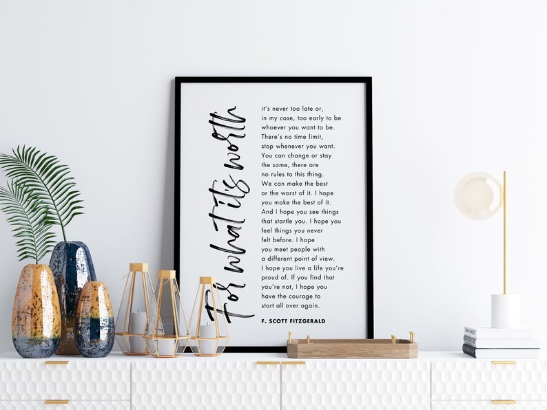 For What It's Worth Quote Wall Art For What Its Worth F Scott Fitzgerald Quote Wall Art | Etsy