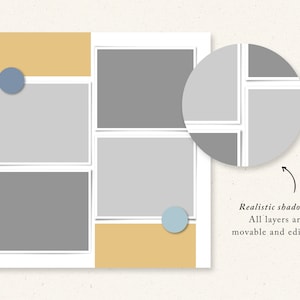 May include: A digital collage template with a grid of six photo frames. The frames are gray with white borders and have realistic shadows. The template has a yellow and gray background with two blue circles.