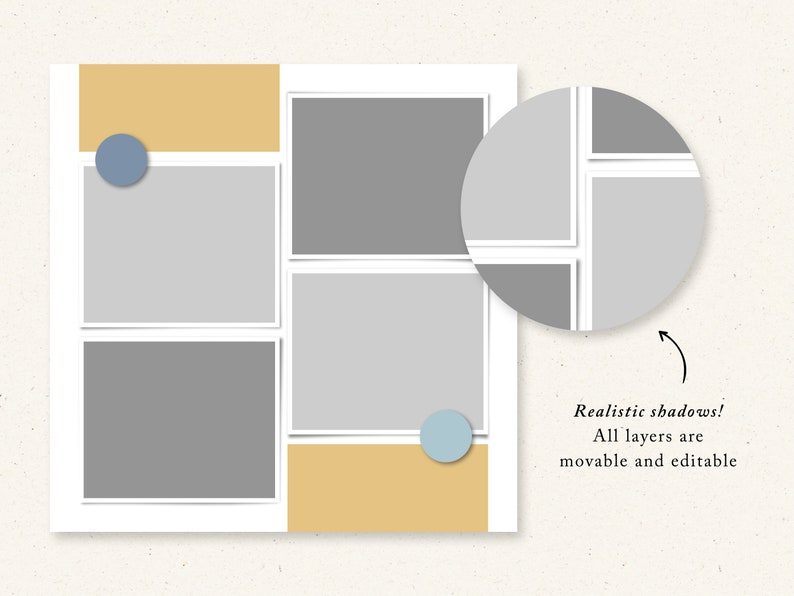 May include: A digital collage template with a grid of six photo frames. The frames are gray with white borders and have realistic shadows. The template has a yellow and gray background with two blue circles.