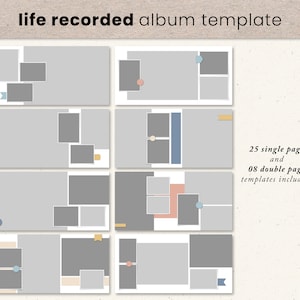 May include: A set of 25 single page and 8 double page album templates. The templates feature a gray background with various sized photo frames and colorful accents.