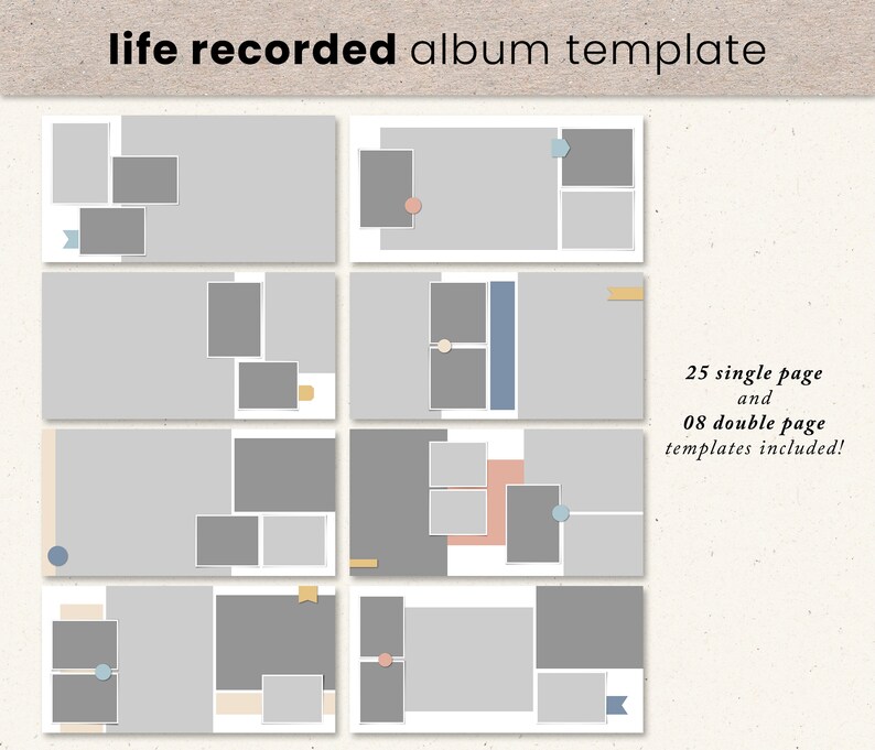 May include: A set of 25 single page and 8 double page album templates. The templates feature a gray background with various sized photo frames and colorful accents.