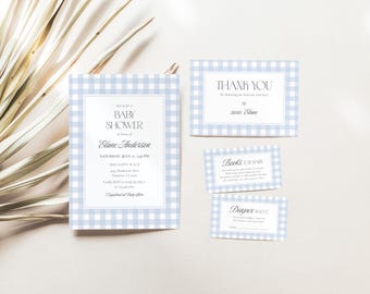 Blue Gingham Baby Shower Invitation Bundle, Boy Classic Gingham Invite Set, Editable Books for Baby Diaper Raffle Ticket Thank You GN1