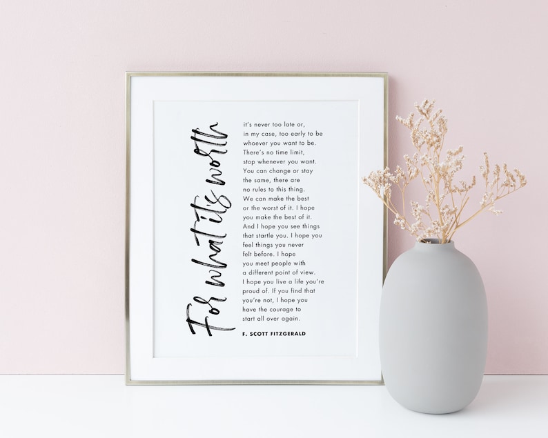For What It's Worth Quote Wall Art For What Its Worth F Scott Fitzgerald Quote Wall Art | Etsy