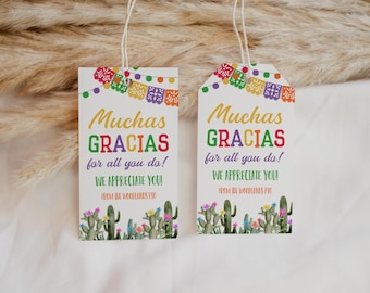 Muchas Gracias For All You Do, Editable Fiesta Teacher Staff Appreciation Gift Tag, Taco Nacho Average Company Cactus Thank You Tag NC3