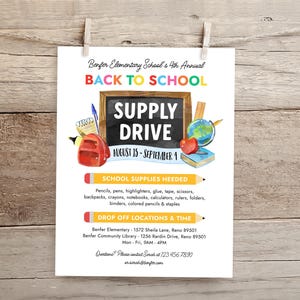 Back To School Supply Drive Flyer Template, PTO PTA School Supplies Fundraiser Poster, Editable Back To School Invite Printable SC7