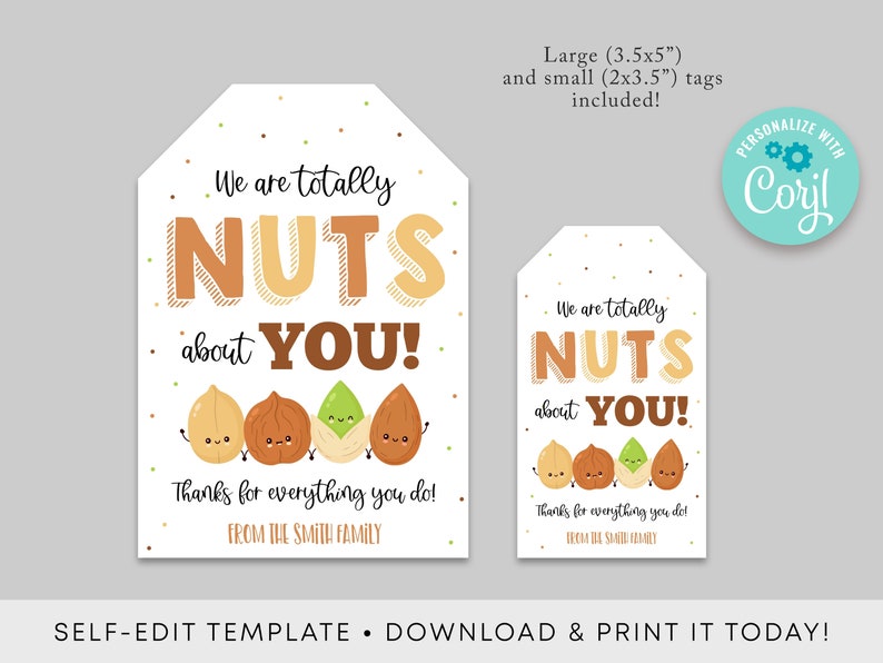 Nuts Gift Tag Thank You Label Editable Totally Nuts About Etsy