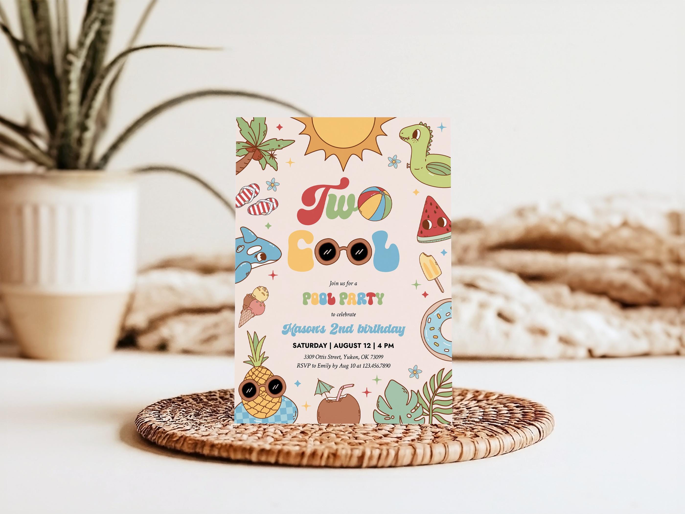 Invited Cool Two Cool Pool Party Birthday Invitation, Groovy Boy 2nd Birthday Bash ...