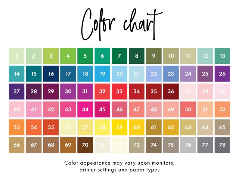 May include: Color chart with 78 different color swatches arranged in a grid. The swatches are numbered from 1 to 78.