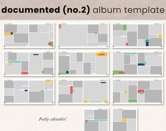 May include: A digital album template with a grid layout featuring 12 different page designs. Each page has a variety of colored shapes and text boxes for adding photos and text. The template is fully editable.
