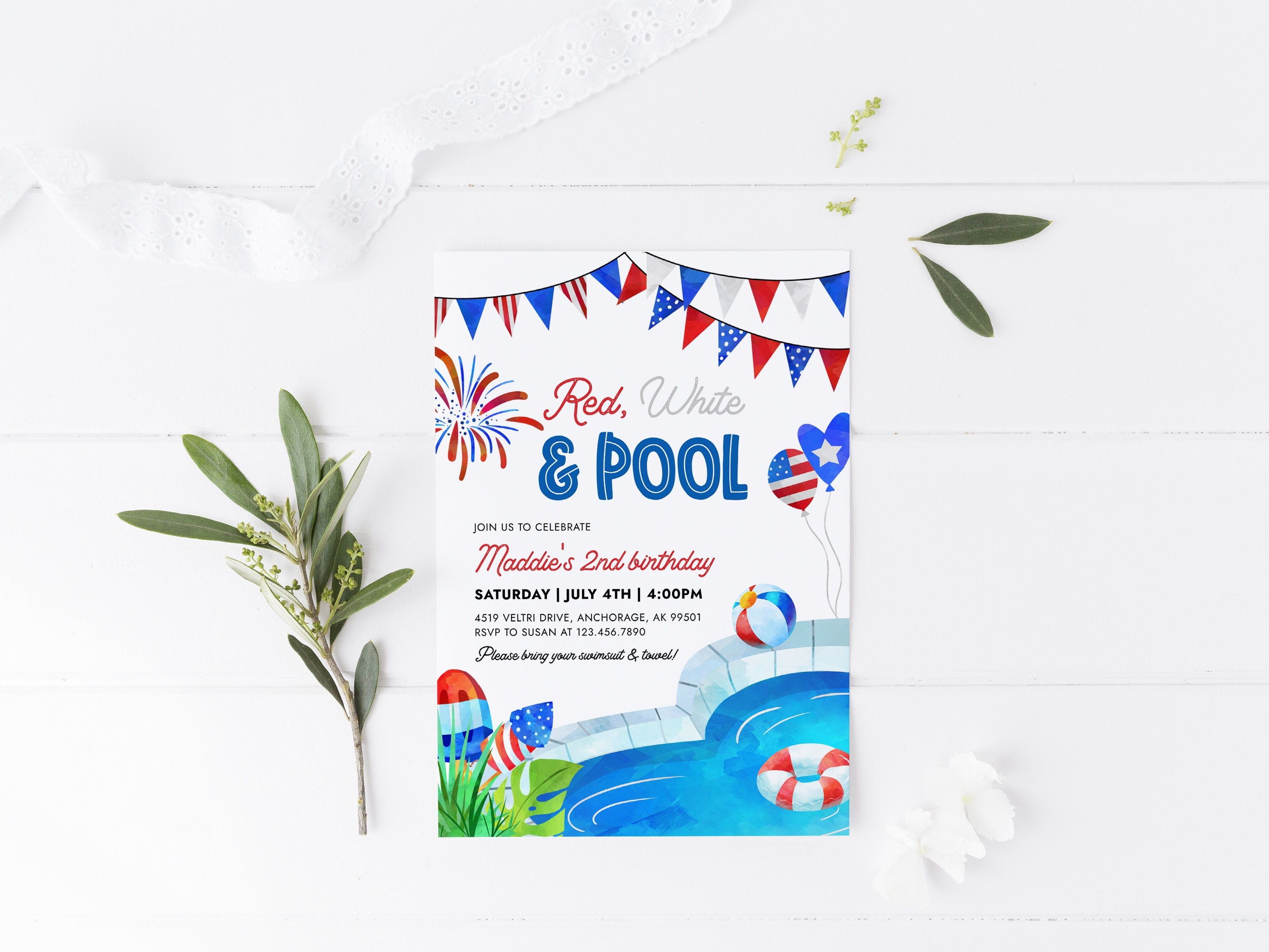 4th of July Birthday Party Invitation, Summer Swimming Pool Red White ...