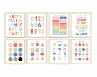 Rainbow Educational Prints, Alphabet Numbers Shapes Posters, Learning Weather Colors, Colorful Nursery Decor, Montessori Homeschool EL2