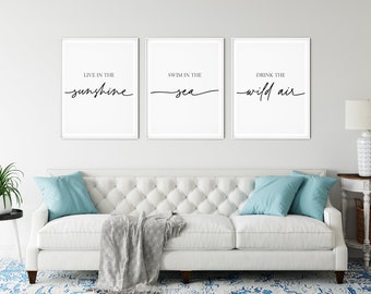 Live In The Sunshine Swim In The Sea Posters, Ralph Waldo Emerson Inspiring Quote Print Set, Beach House Decor, Bedroom Living Room Wall Art