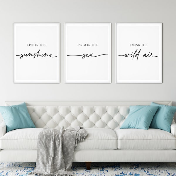 Live In The Sunshine Swim In The Sea Posters, Ralph Waldo Emerson Inspiring Quote Print Set, Beach House Decor, Bedroom Living Room Wall Art